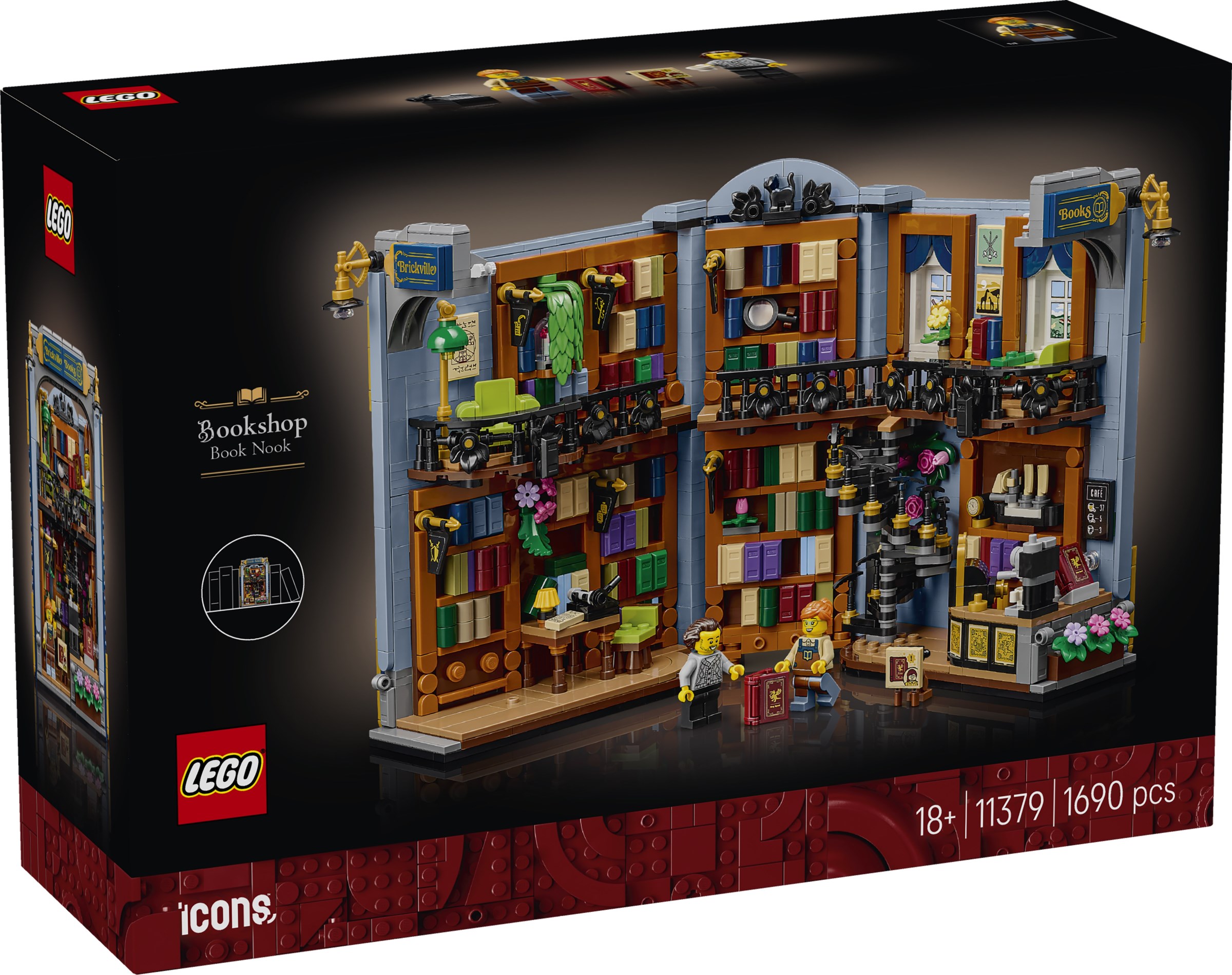 The official box with an image of the bookshop, and it's an 18+ set in the icons-range.