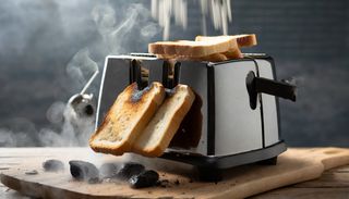 A toaster with bread coming out looking burnt and black.