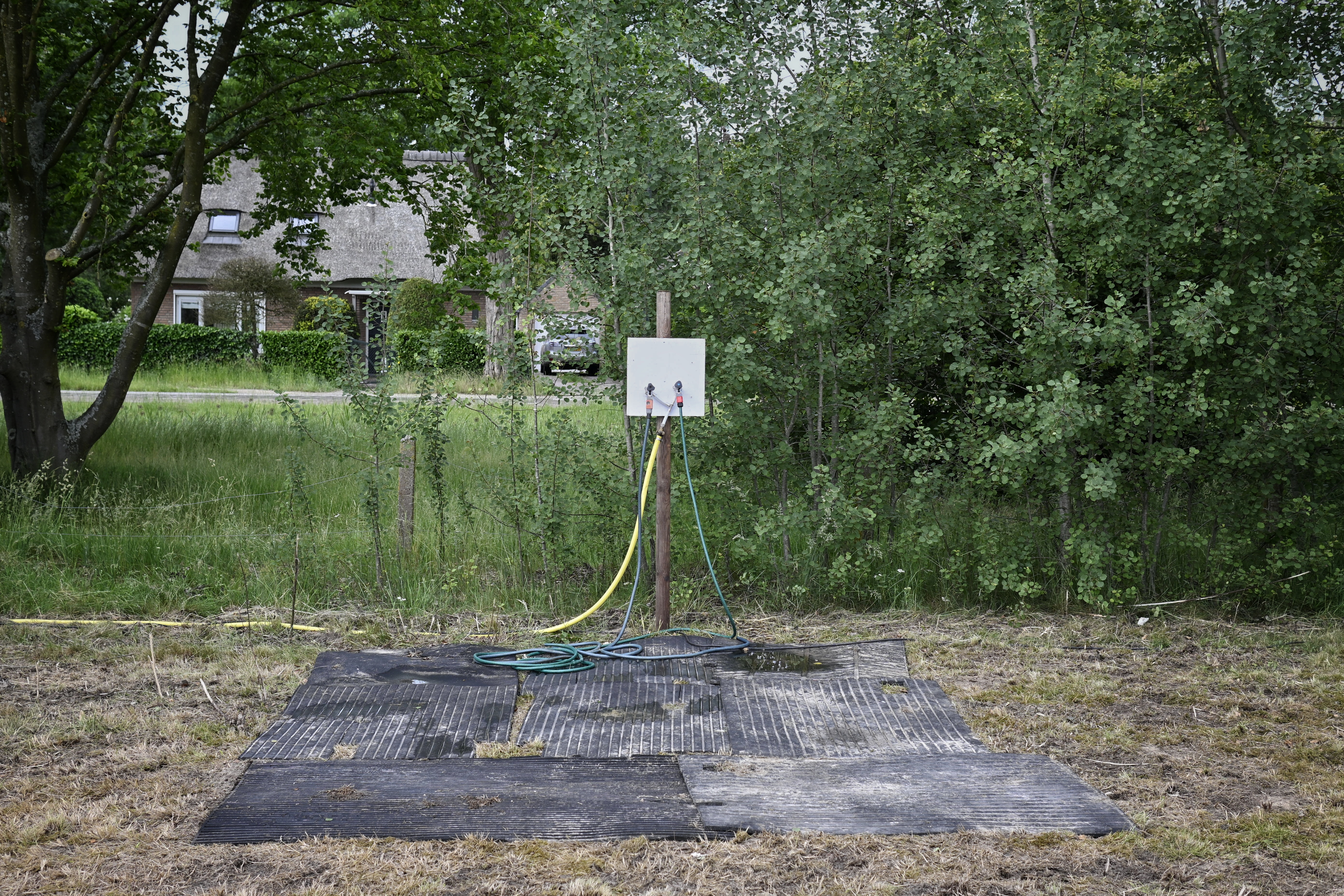 Some rubber mats in a field. A pole with hoses is behind it.