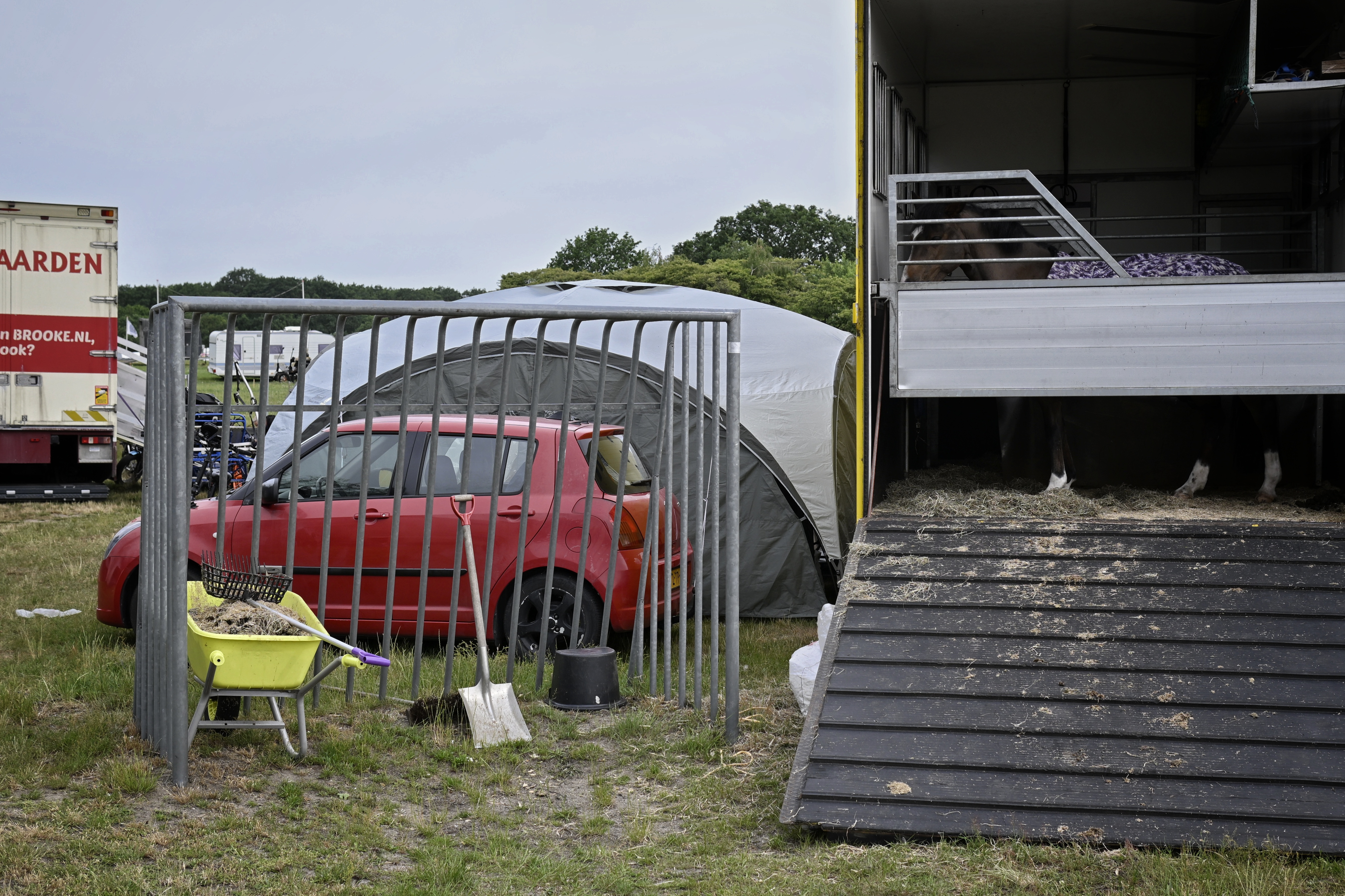 A steel soccer goal with a wheel barrow in it. A tent behind it. The open back of a horse trailer next to it.