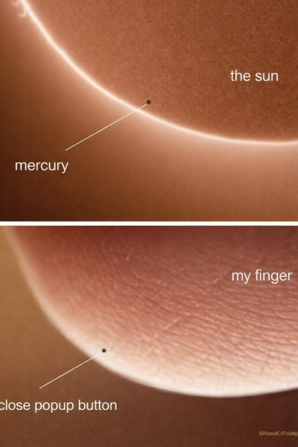 An image with 2 panels. In the first it compares a tiny planet Mercury to the enormous sun. The second looks like the first, but in this case it's a tiny button to close a popup, and an enormous fingertip.