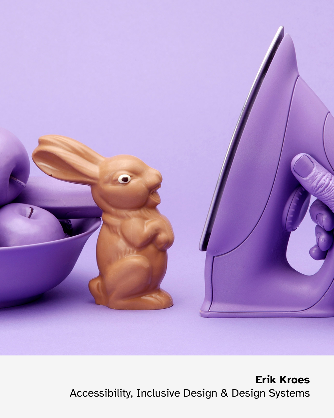 A chocolate bunny about to meet a heating iron.