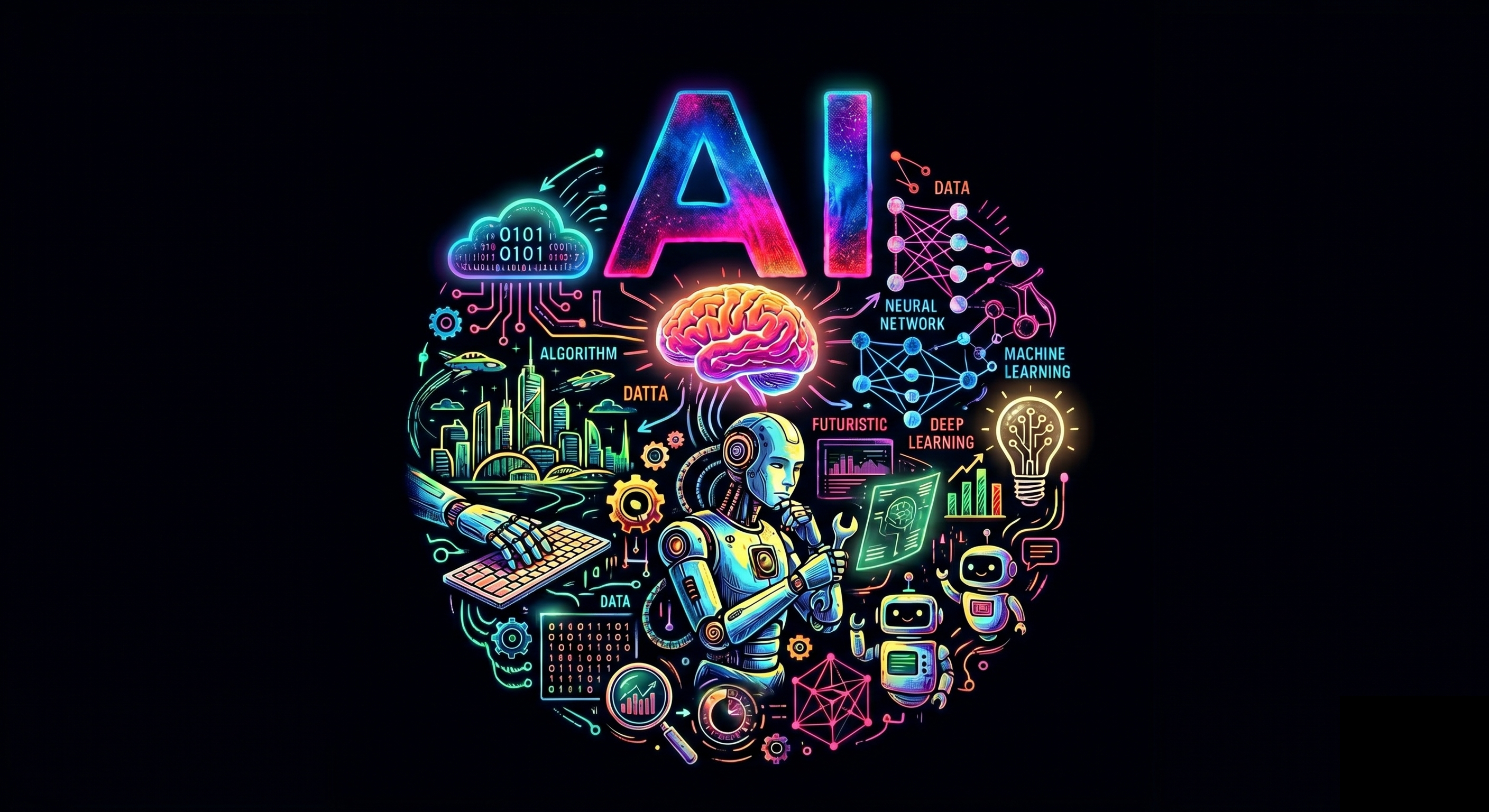 Let AI reflect on AI, and this is what you get. This is an AI-generated graphic. It states "AI" with big letters, and is surrounded by all sorts of cliche illustrations. It includes a robot that seems to be thinking, a brain, electric circuits, 0's and 1's, a futuristics city, a keyboard, network visualizations, and terms like algorithm, neural network, data and datta (nicely misspelled).