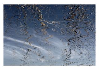 A blue sky with subtle horizontal lines. Not so subtle are the dark and golden pixelated artifacts in front of it. They're leafless branches waving in the wind and they break up in the image.